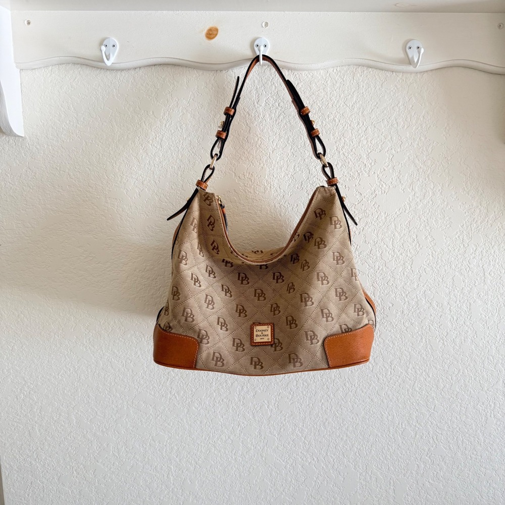 Dooney & Bourke Beige DB Monogram Shoulder Bag Brown Leather Trim Hobo